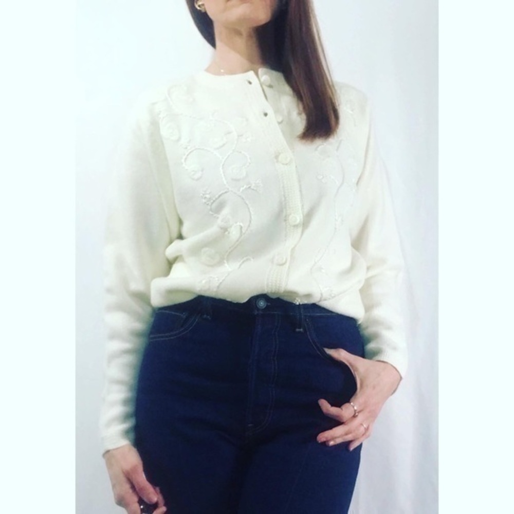 80's Vintage Classic Elements Cream Monochrome Floral Embroidered Cardigan